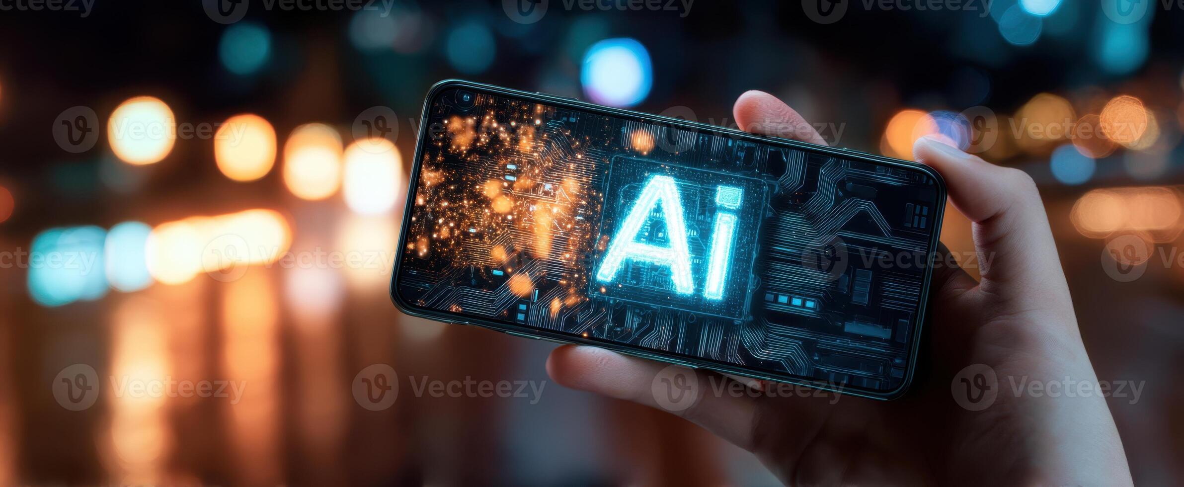 The smartphone showcasing artificial intelligence in a modern digital environment. photo