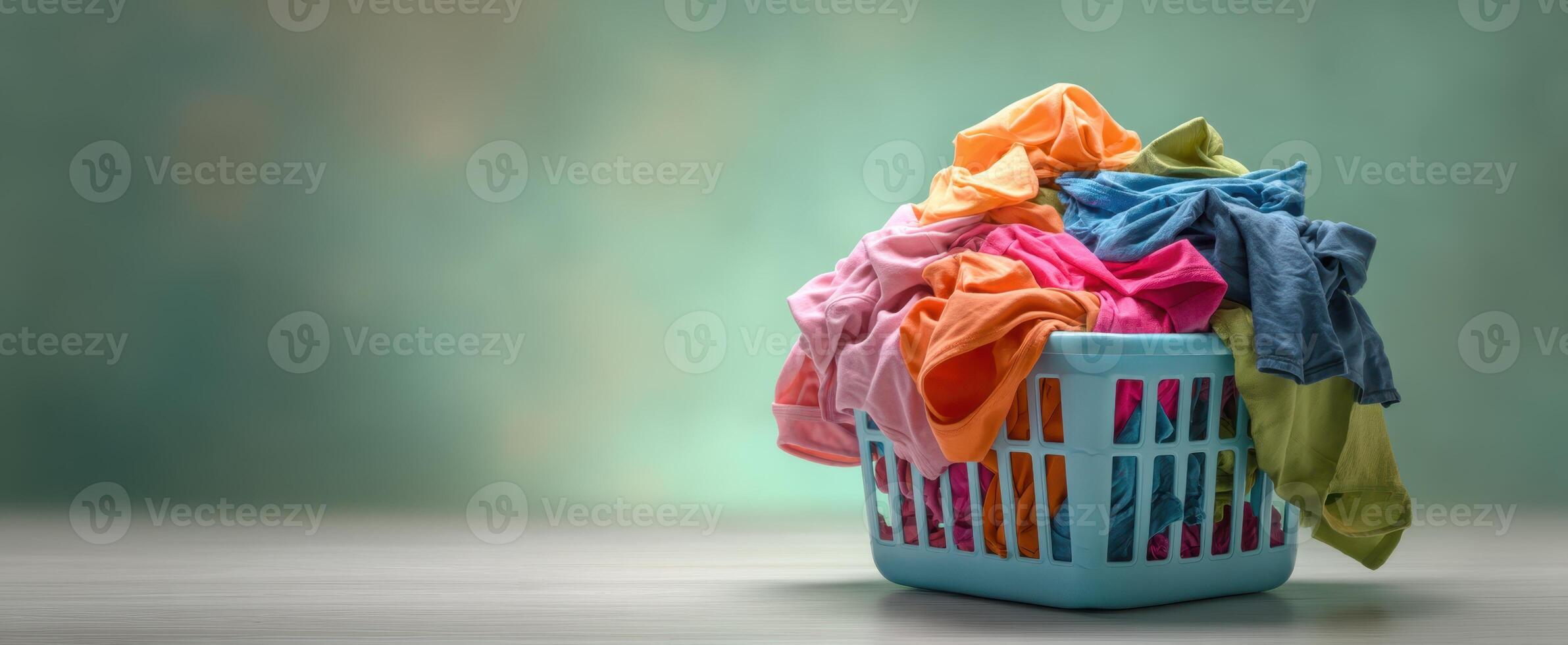 The vibrant laundry basket filled with colorful clothing on a soft background. photo