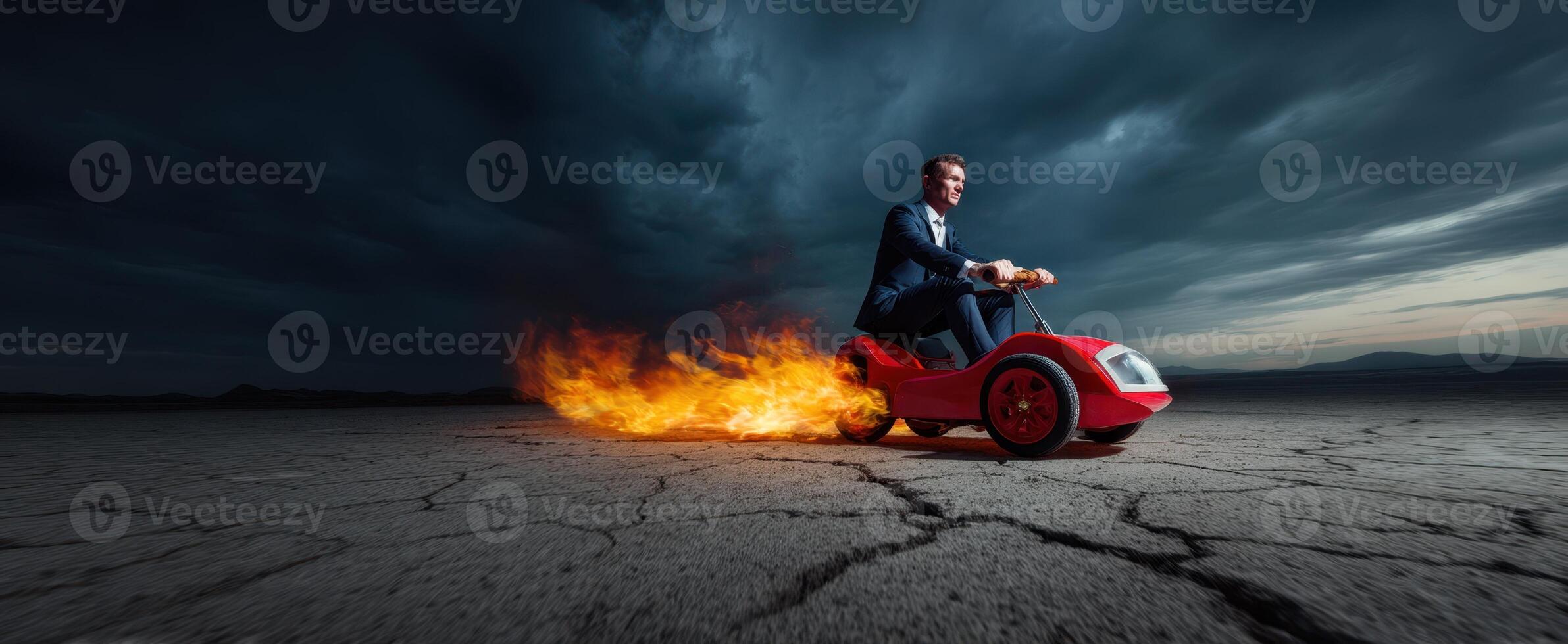 The fiery adventure of a businessman racing on a toy car. photo