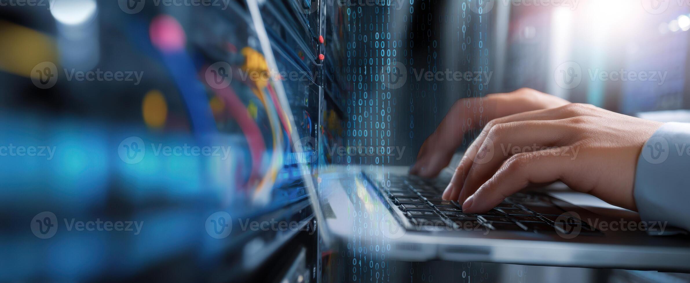 The hands typing on a laptop in a high-tech data environment. photo