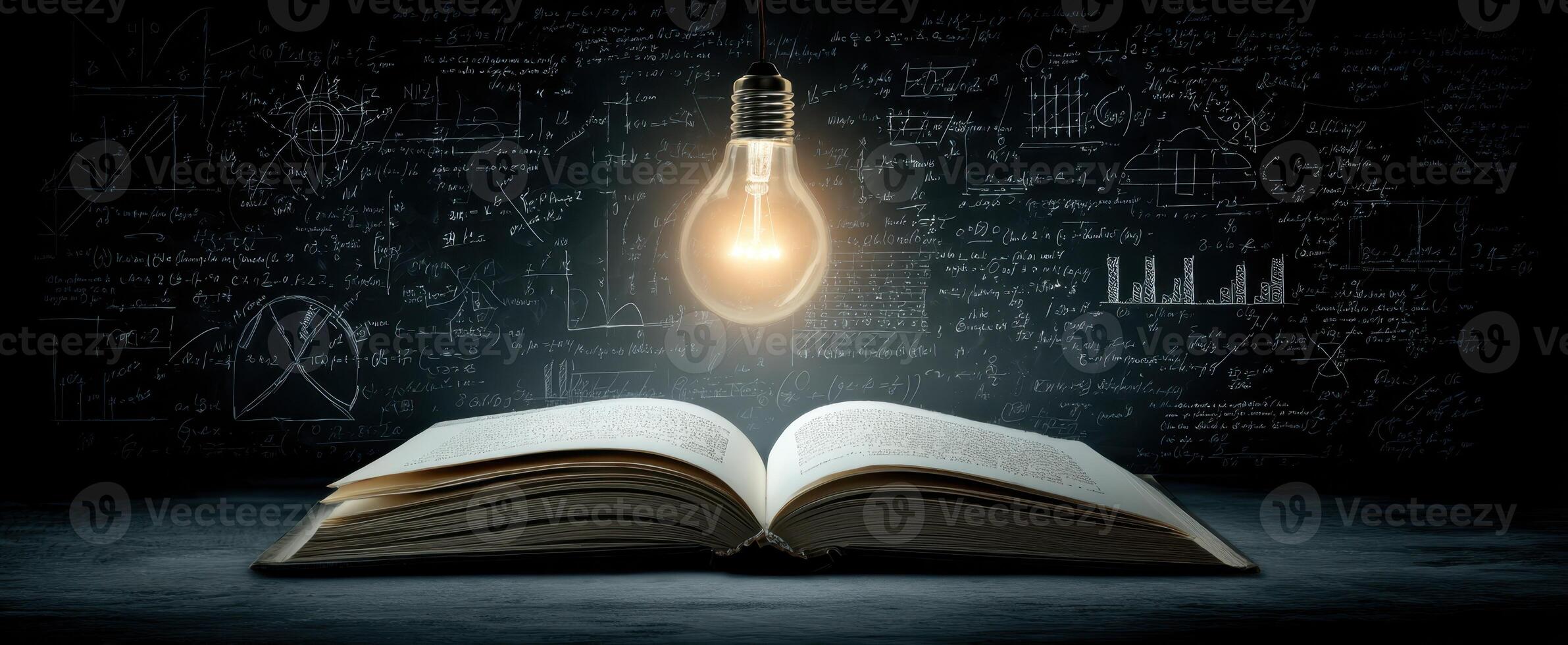 The open book illuminated by a glowing light bulb and mathematical equations. photo