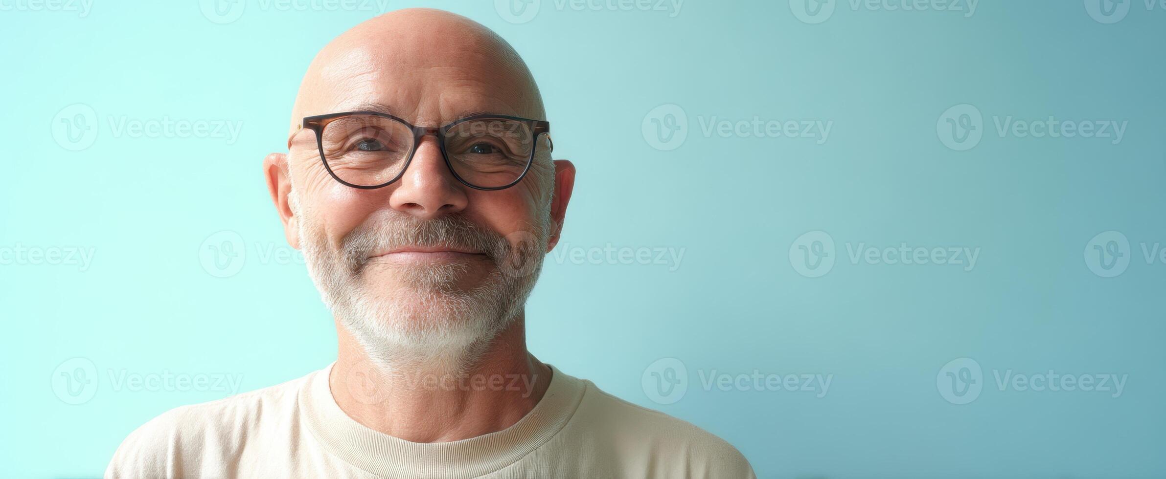 The cheerful senior man wearing glasses against a soft blue background. photo