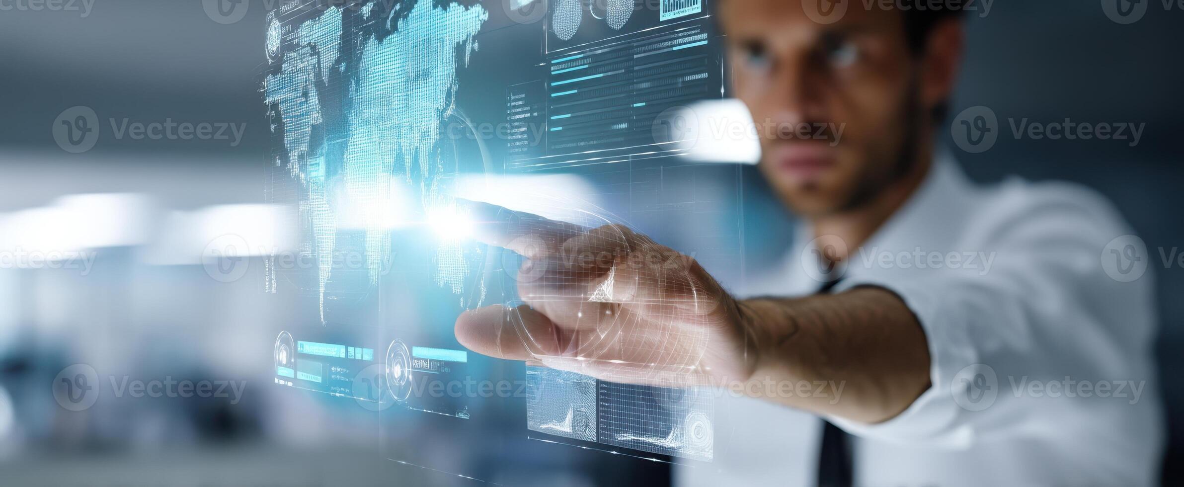 The businessman interacting with a futuristic digital interface on a touchscreen. photo
