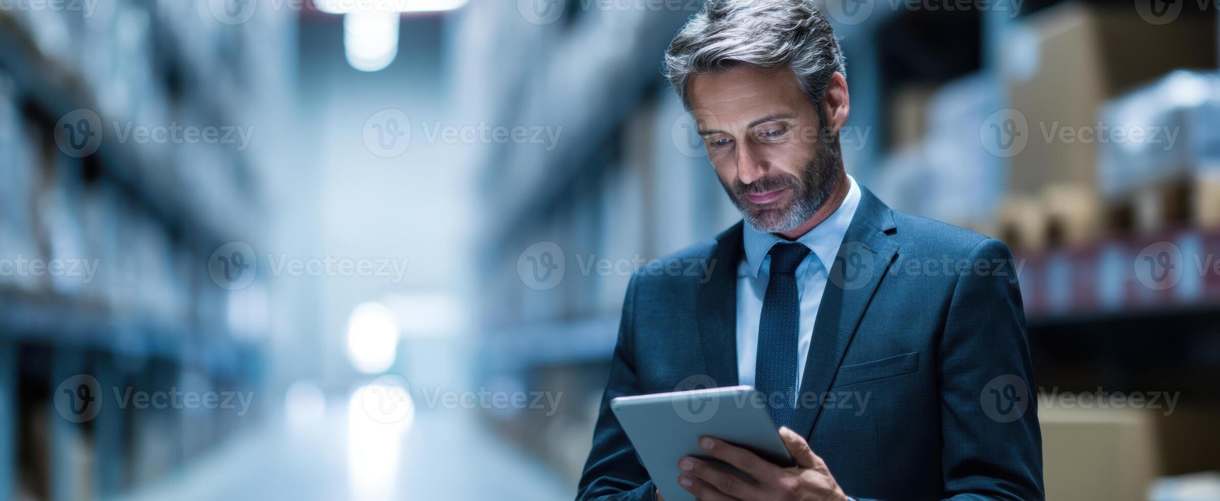 The businessman using a tablet in a modern warehouse setting. photo