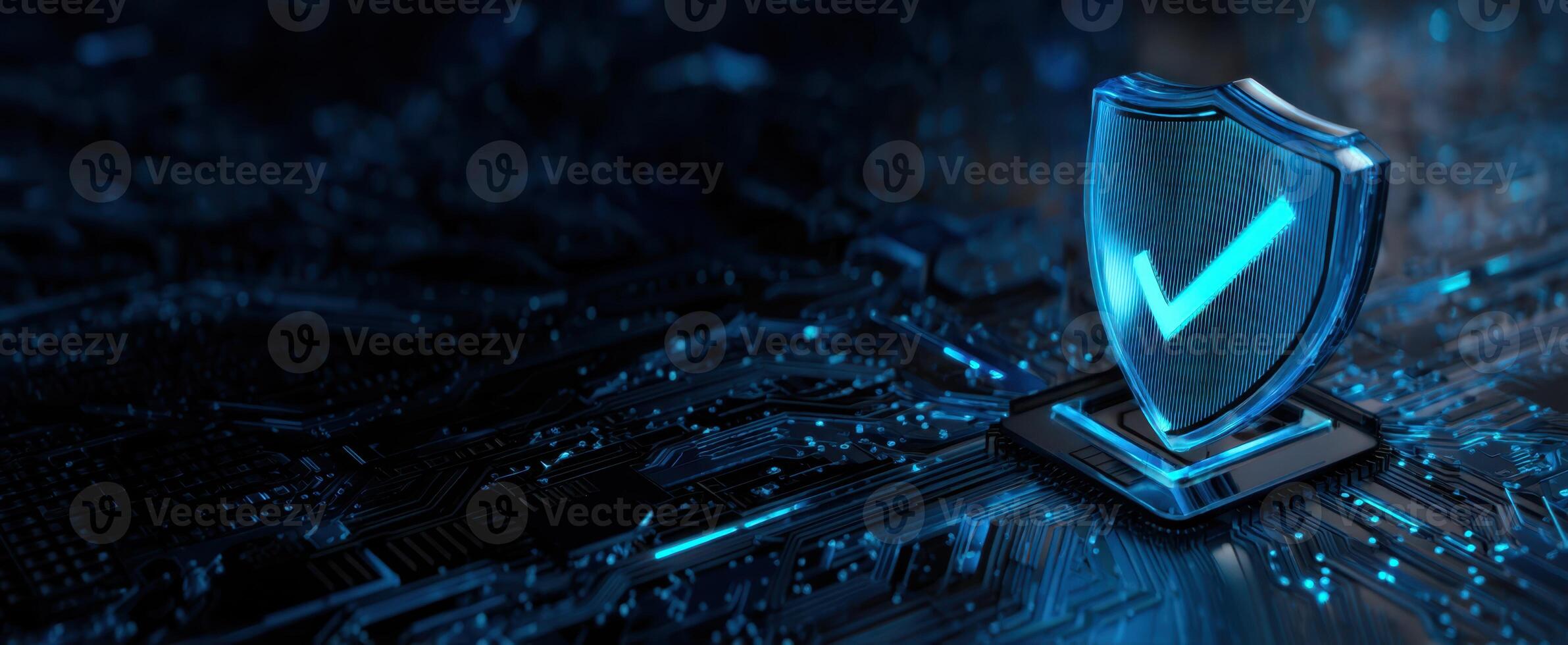 The digital security shield representing protection and verification in technology. photo