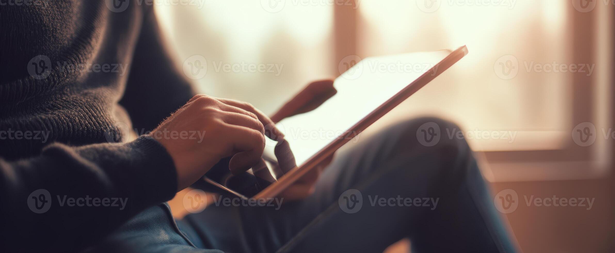 The Person Enjoying Digital Content on a Tablet in a Cozy Room. photo
