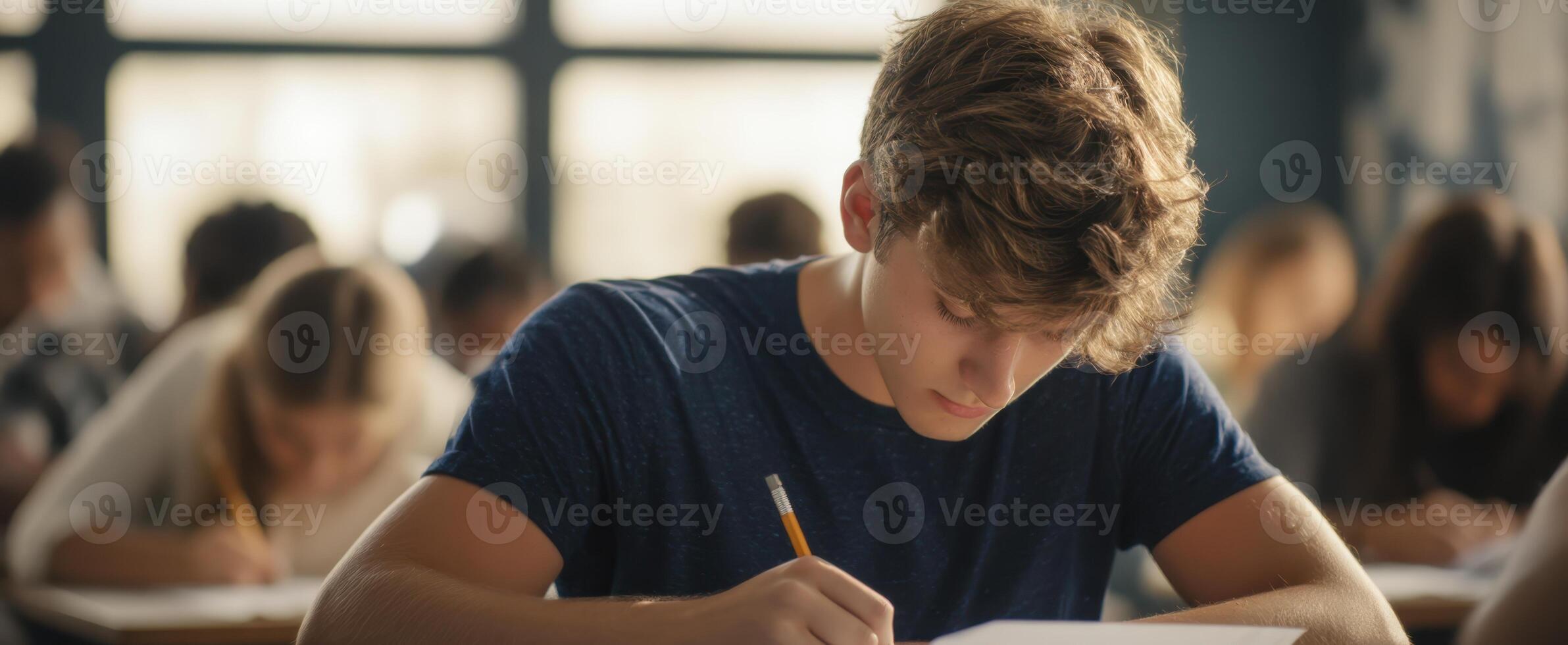 The focused student diligently working on an exam in a classroom setting. photo