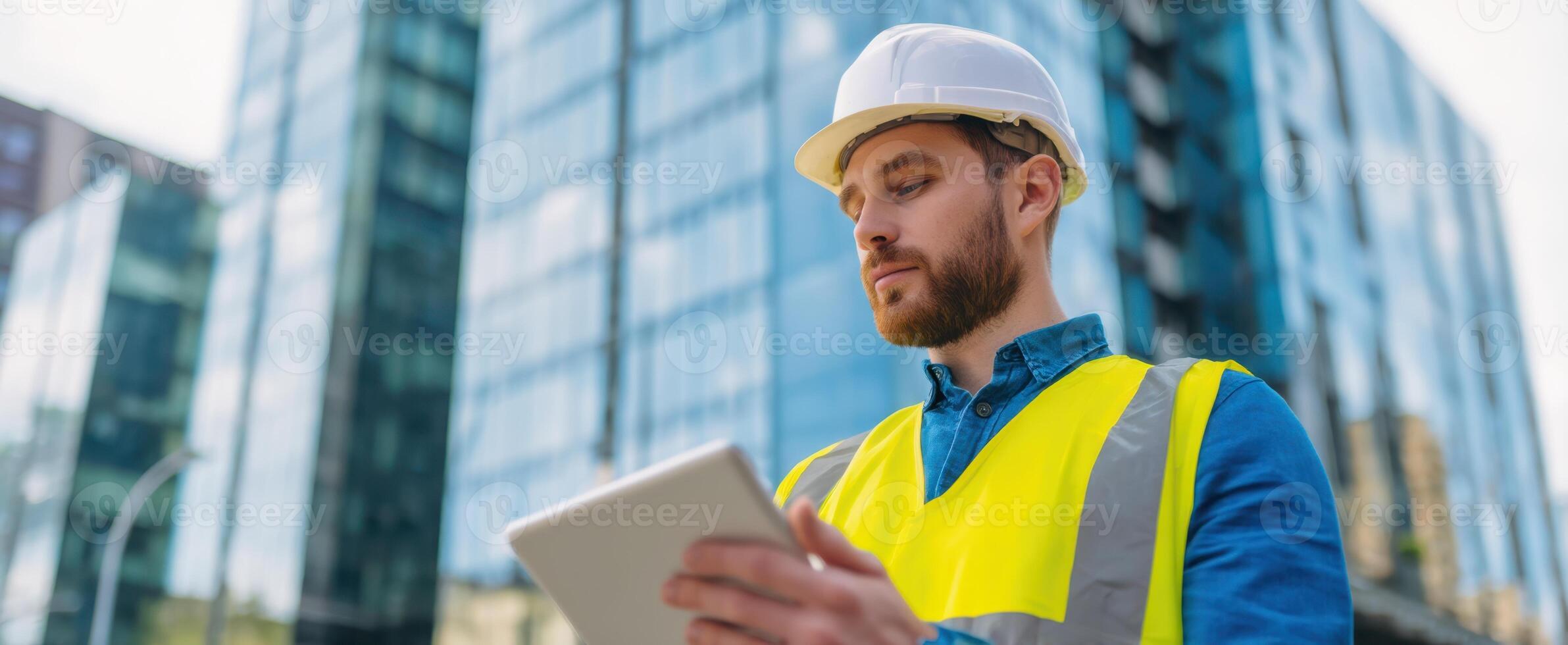 The construction engineer analyzing data on a tablet near modern buildings. photo