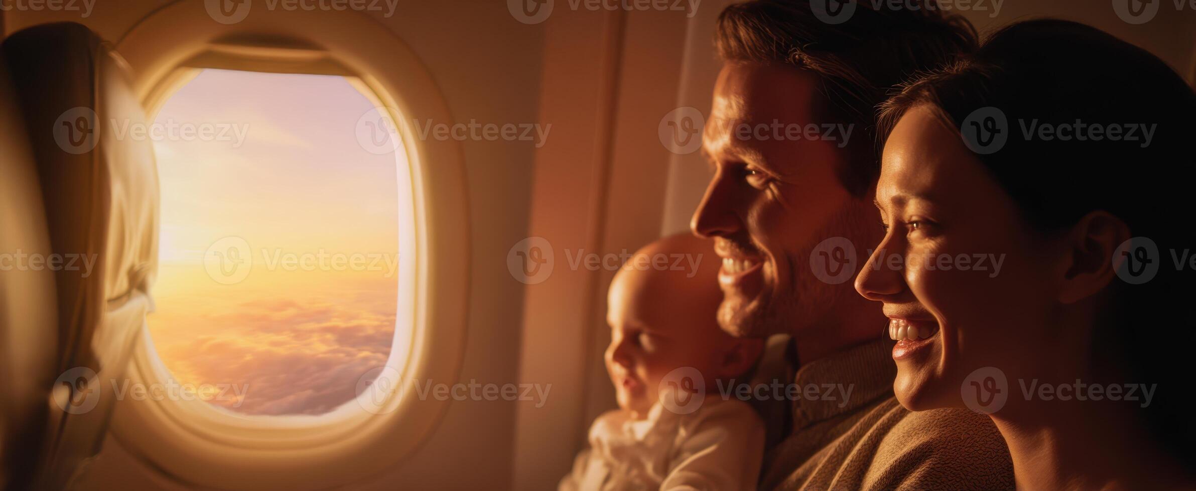 The joyful family enjoying a beautiful sunset view from an airplane window. photo