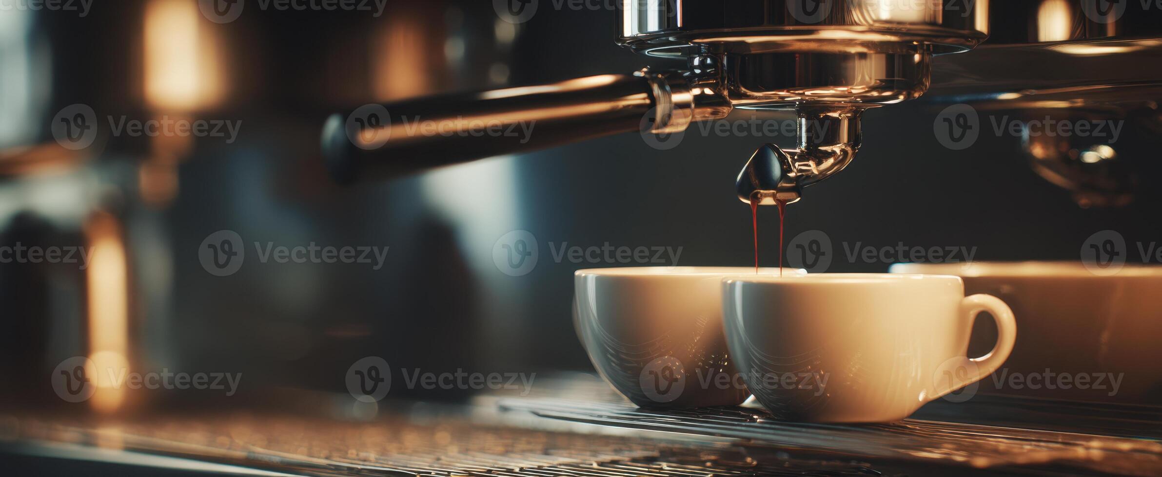 The espresso brewing process creating rich coffee in stylish cups. photo