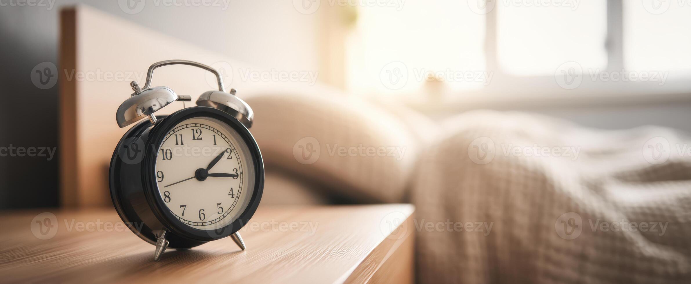 The vintage alarm clock on the bedside table in a cozy bedroom setting. photo