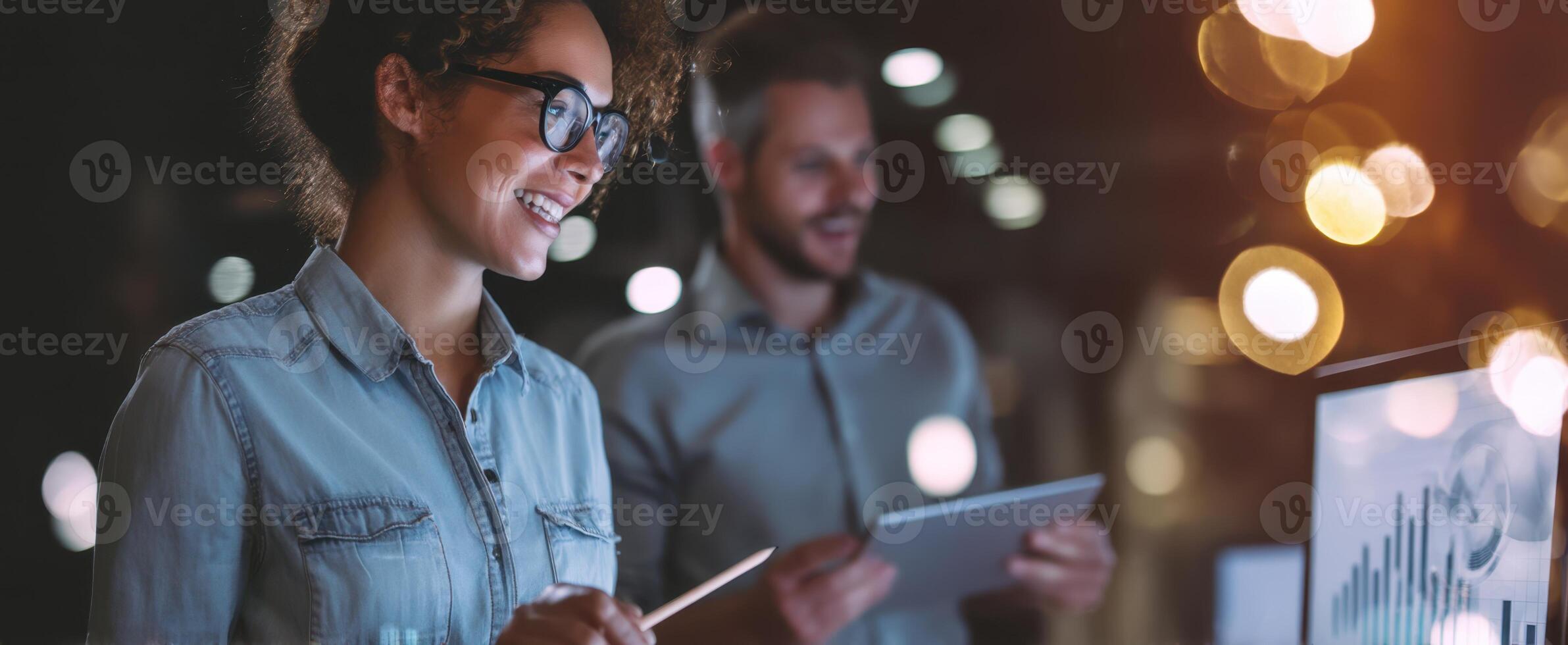 The professional woman using technology in a collaborative workspace at night. photo