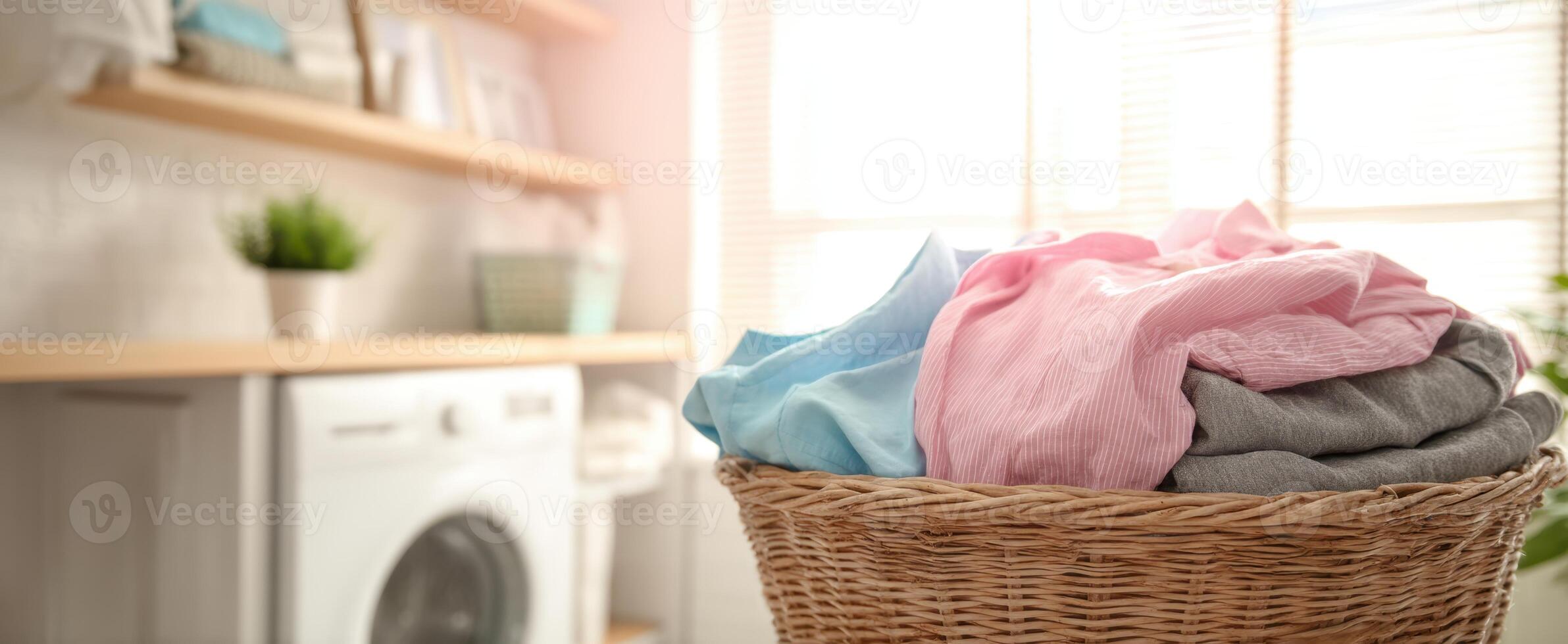 The cozy laundry basket filled with freshly washed clothes at home. photo