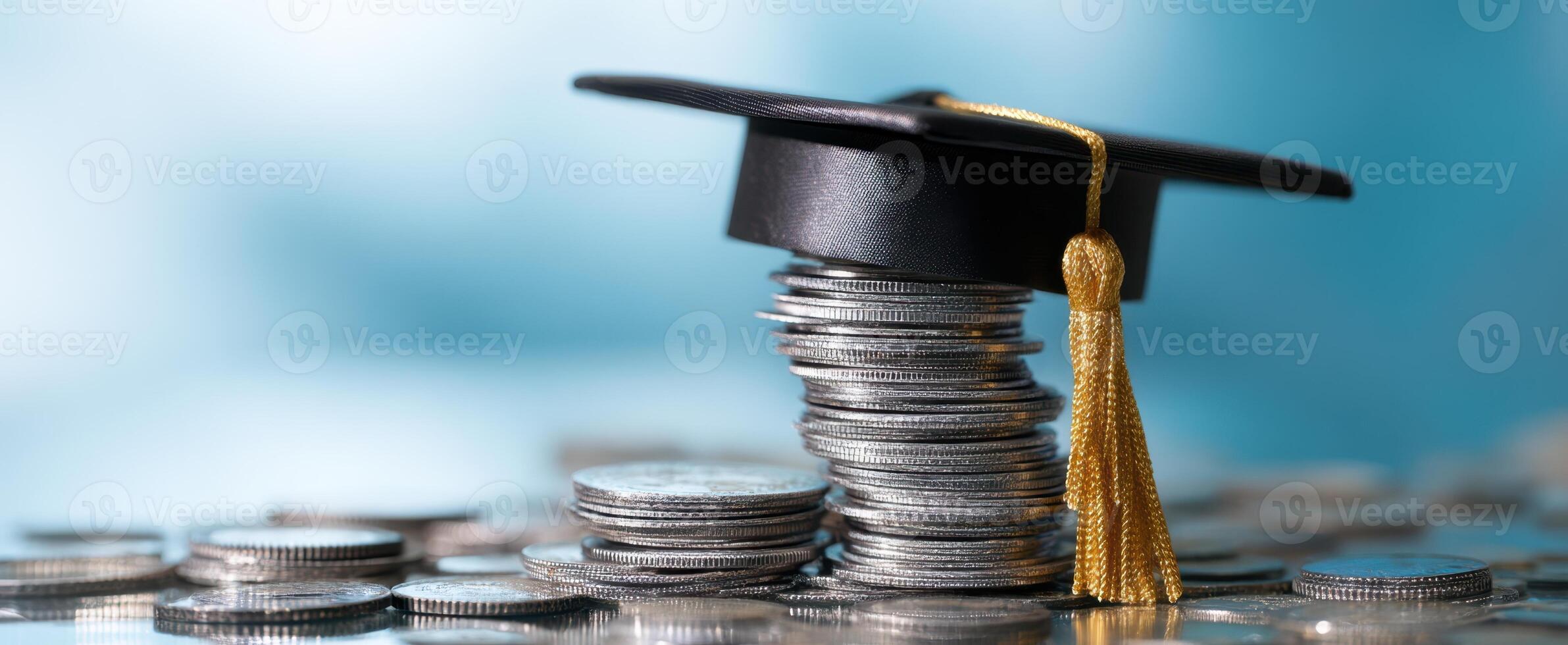 The Graduation Cap Perched on a Stack of Coins Represents Financial Success photo