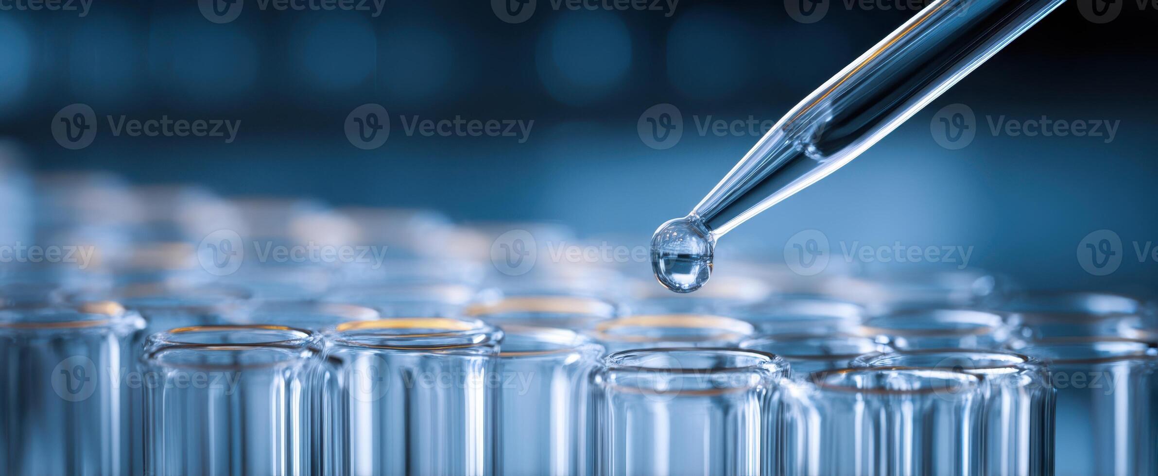 The pipette delivering a precise drop of liquid into test tubes. photo