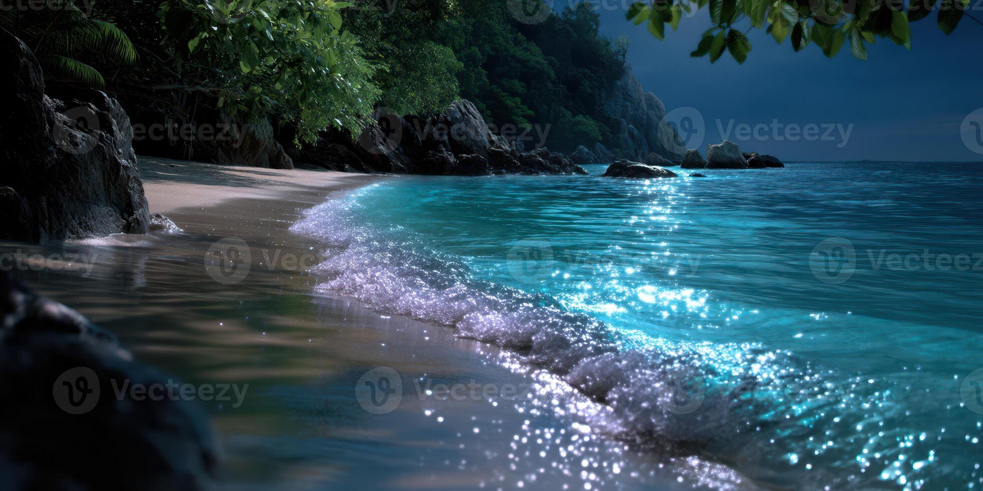 Magical moonlit beach landscape with gentle waves lapping at sandy shore in a serene tropical setting photo