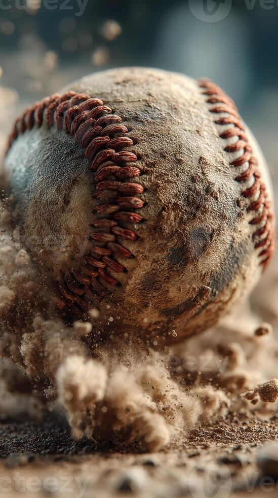 Dust rises as a worn baseball rolls across the dirt during a game for a team practice in the late afternoon sun at the local park photo