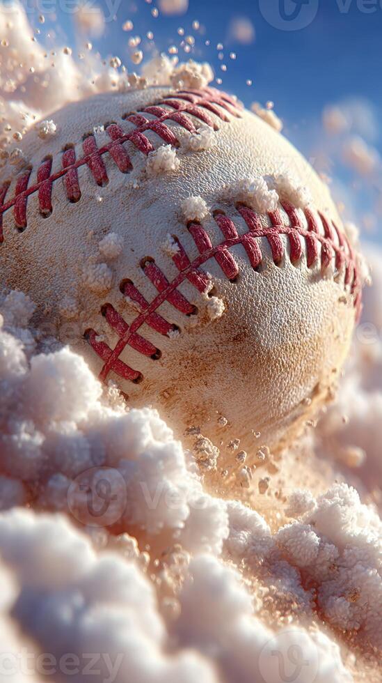 Baseball in mid-air during a thrilling game moment, surrounded by flying dust and excitement in a sunny stadium photo