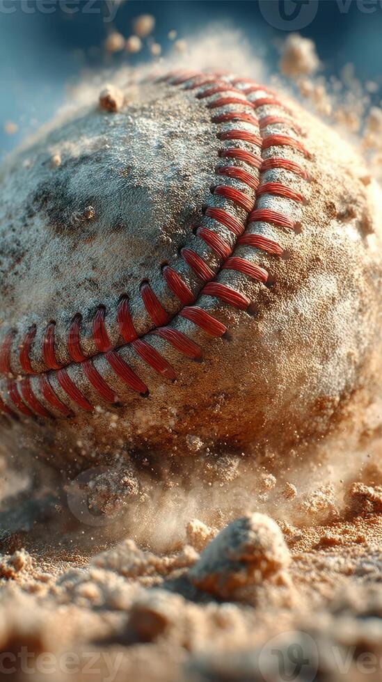 Baseball rolling on sandy ground during intense game at sunny outdoor field in early afternoon light photo