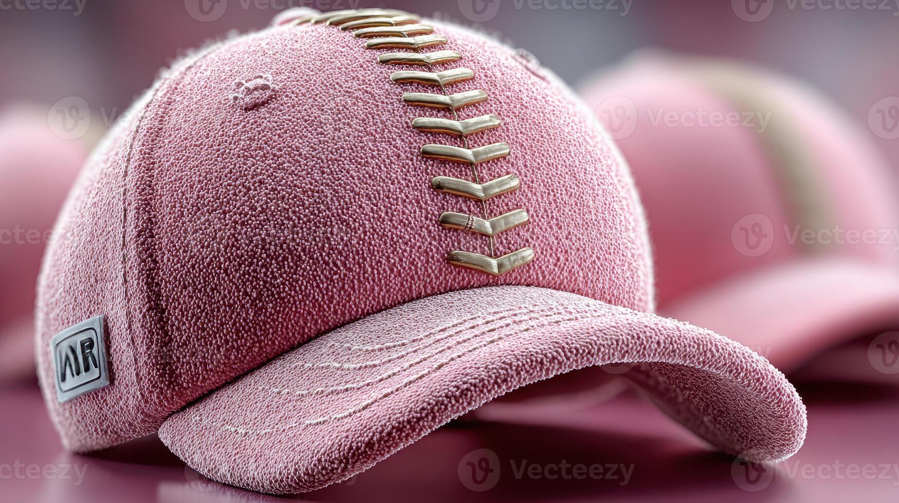 Unique pink baseball cap with detailed stitching displayed in a soft-focus background photo