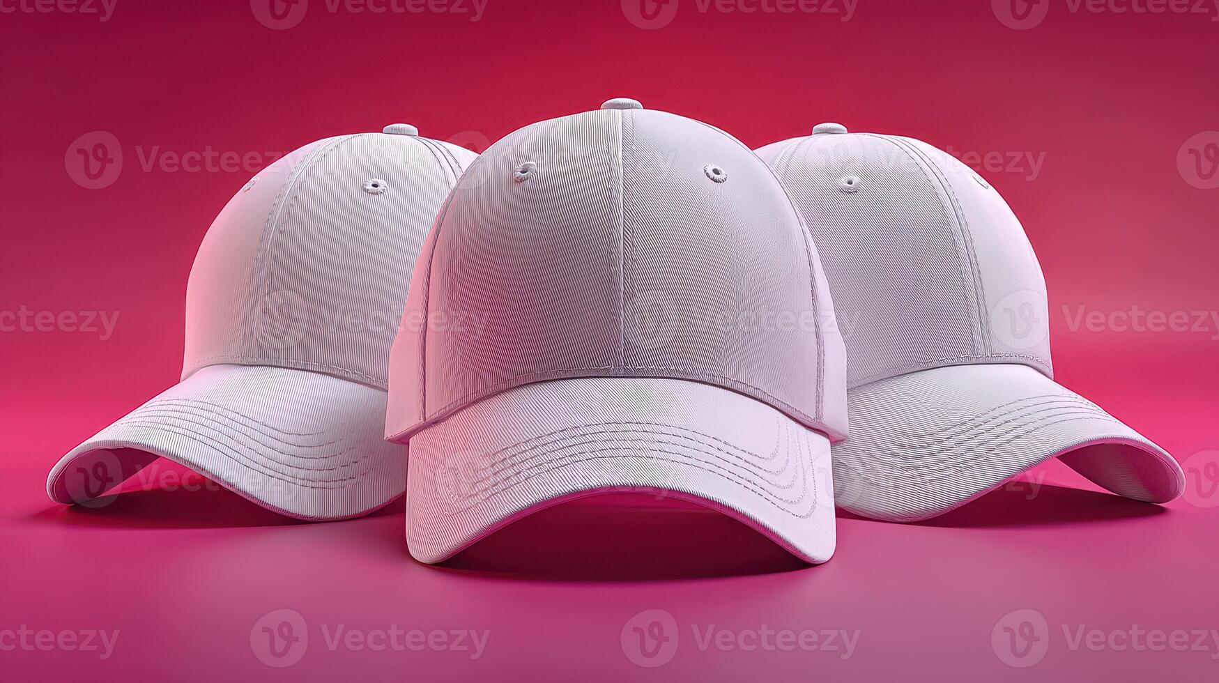Three plain white caps arranged against a vibrant pink background showcasing their design and structure photo
