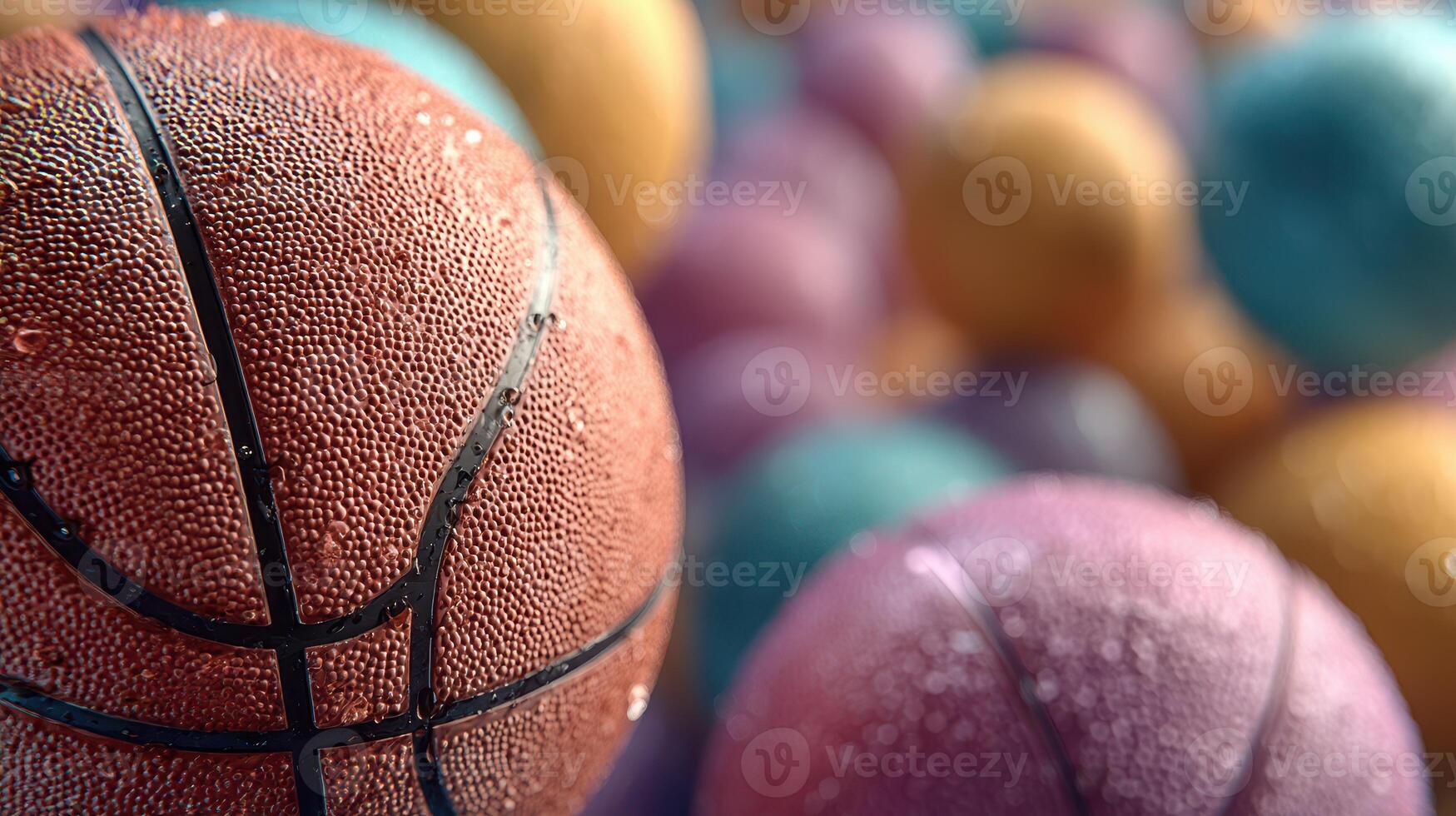 Colorful assortment of wet basketballs on a vibrant surface after a rainfall during an outdoor game photo