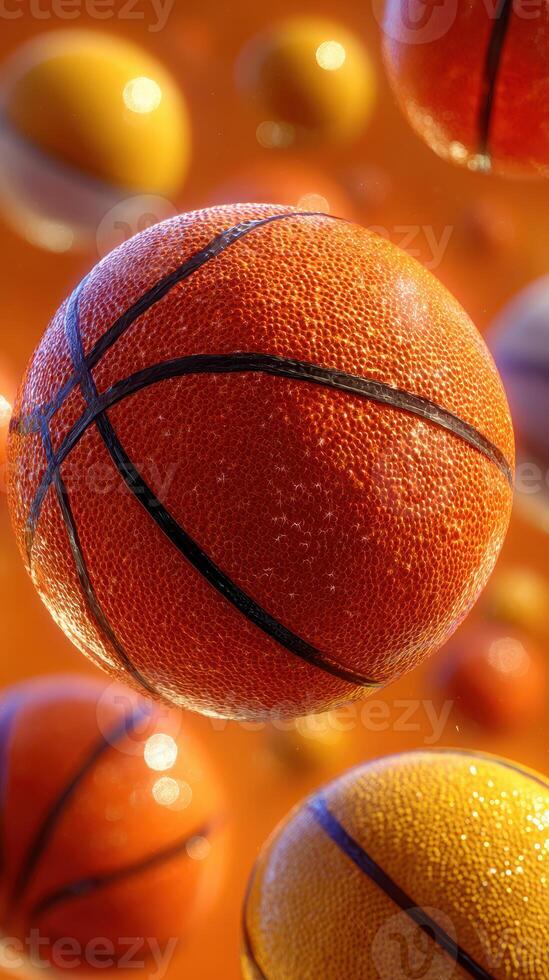 Basketballs floating in a vibrant orange background showcasing motion and energy during a dynamic sports scene photo