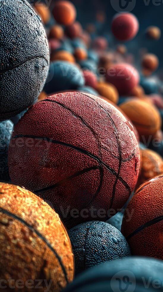 Basketballs of various colors and textures piled together in dynamic arrangement for a captivating visual effect photo