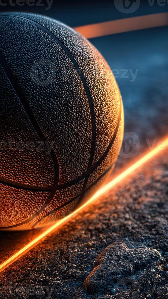 Basketball resting on textured surface with dramatic lighting effects in an urban setting photo