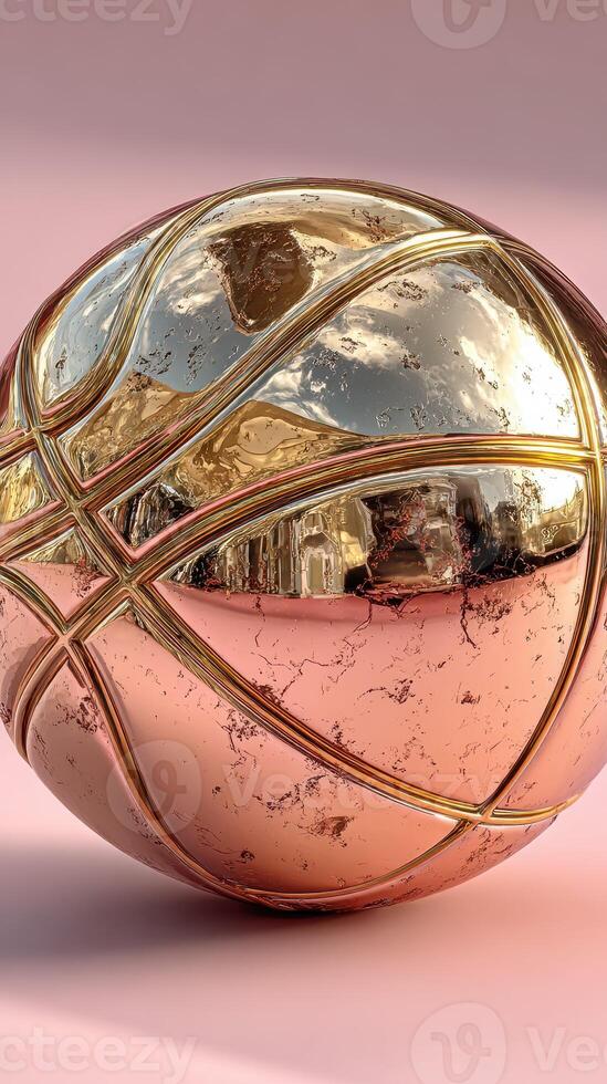 Shiny metallic basketball displayed on a smooth pink backdrop capturing reflections in the afternoon light photo