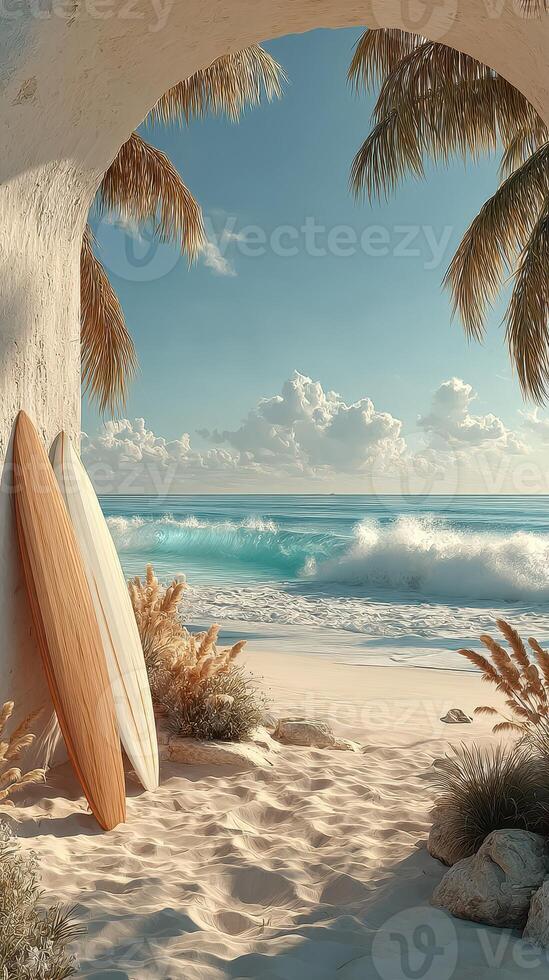 Serene beach view featuring surfboards under palm trees on a calm sunny day photo