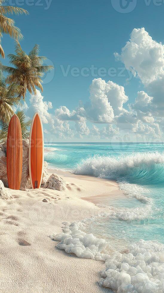 Beautiful sandy beach with surfboards under palm trees on a sunny day photo