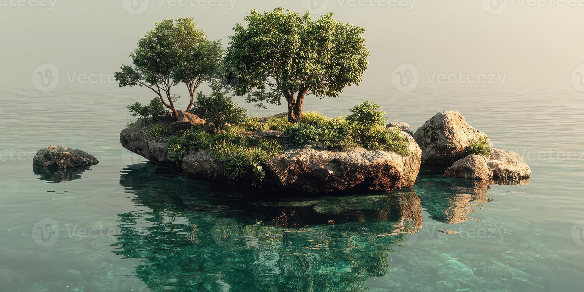 Serene island with lush greenery and clear waters at sunrise reflecting tranquility in nature photo