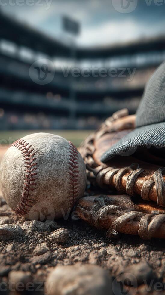 Vintage baseball glove and ball resting on the dirt in a stadium with distant seating under a blue sky photo