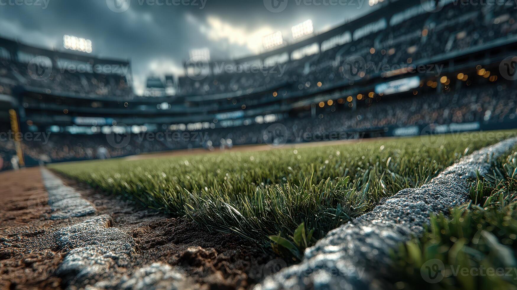 Quiet moments before the game at a bustling baseball stadium in the afternoon sun with dark clouds gathering overhead photo