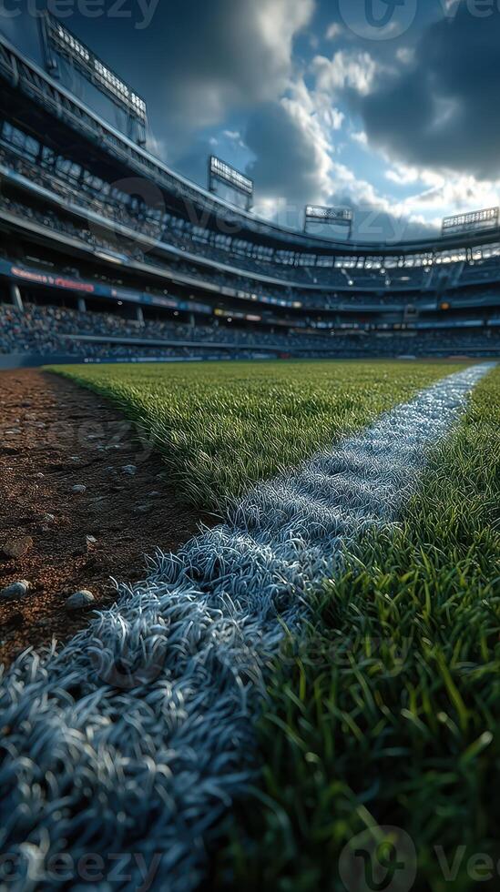 Beautifully manicured baseball field under dramatic skies during early evening hours before a game starts photo