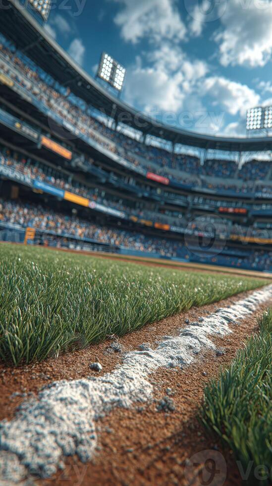 Grass and dirt of a baseball field viewed from ground level during a game at a packed stadium on a sunny afternoon photo
