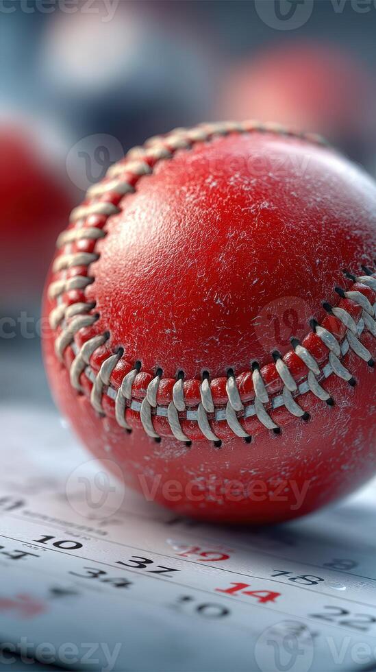 Close-up of a worn baseball resting on a calendar, ready for an exciting game day in spring photo