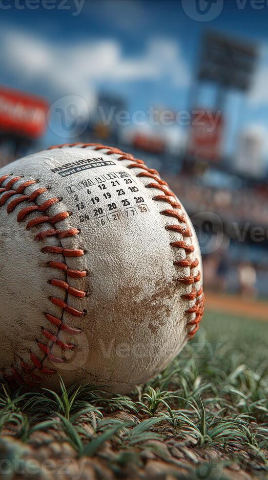 Baseball with calendar peeking from the grass in a vibrant stadium during a sunny afternoon game photo