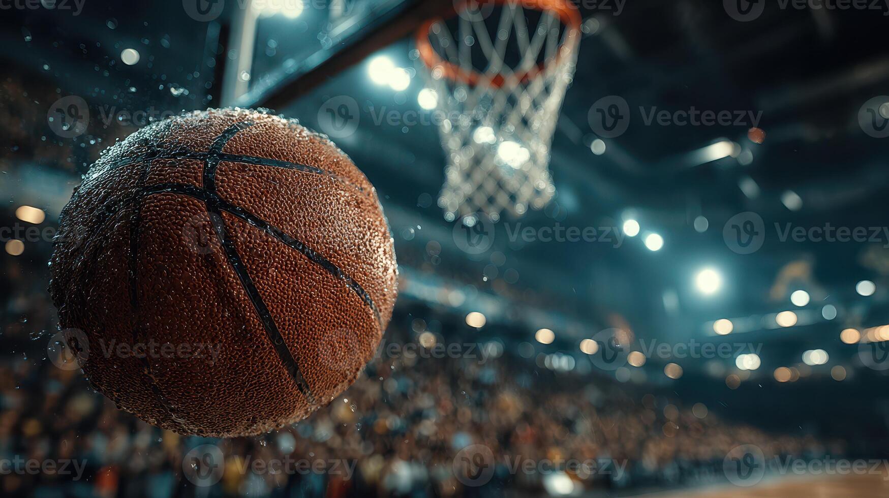 Basketball in motion during an intense game at a packed arena with vibrant lights showcasing the sport's excitement photo