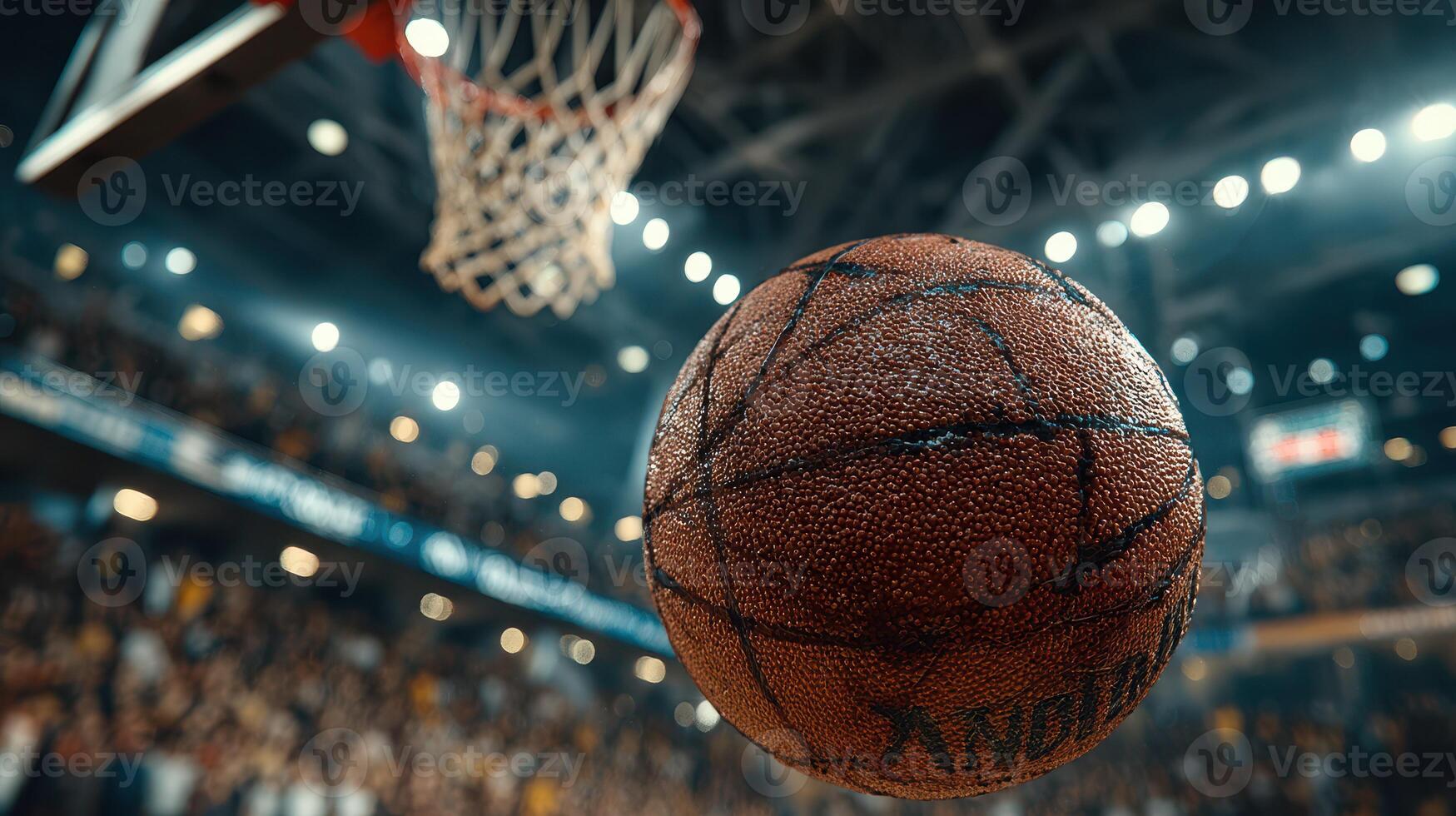 Basketball in motion during an exciting game with fans cheering in the background under bright arena lights photo