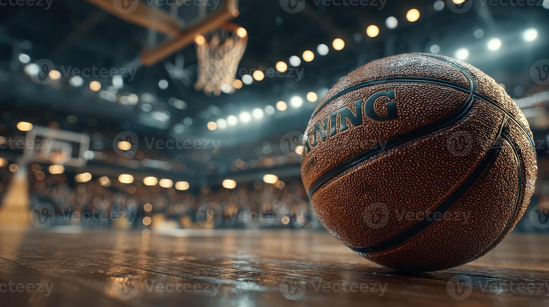 Basketball resting on the court before a competitive game in an indoor arena filled with excited fans photo
