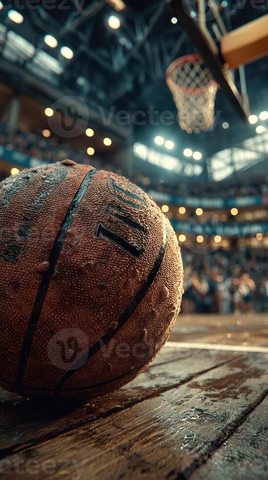 Intense basketball game with a focus on a wet basketball in a crowded stadium during a thrilling match photo