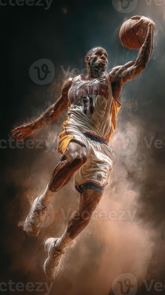 Basketball player executing a slam dunk during intense game action in a packed arena at night photo