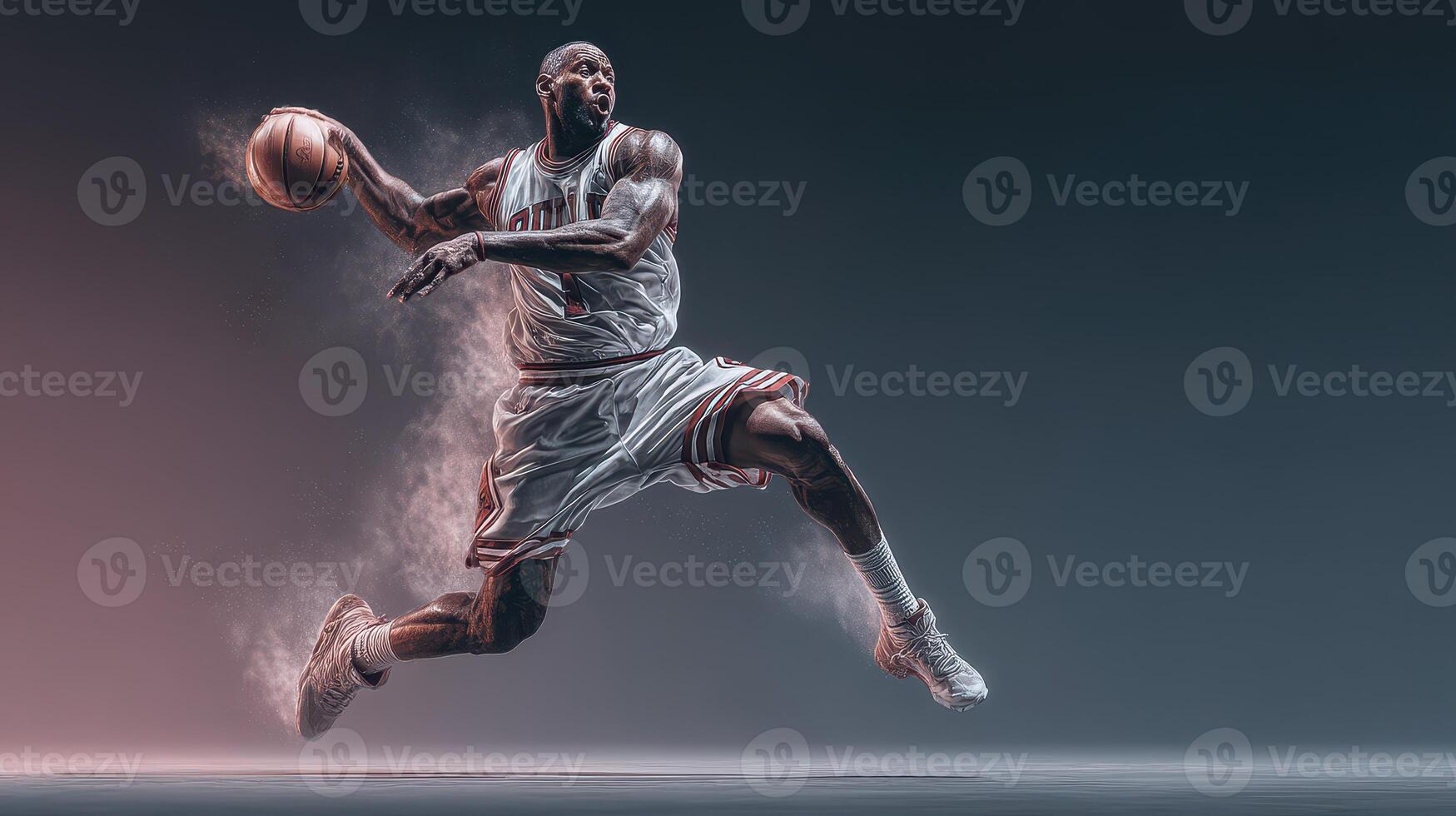Dynamic basketball player in mid-air action showcasing athleticism and skill during a game indoors photo