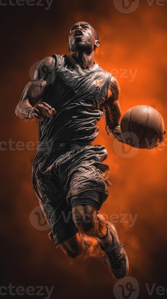 Dynamic basketball player leaps for a slam dunk in a glowing orange atmosphere during an intense game photo