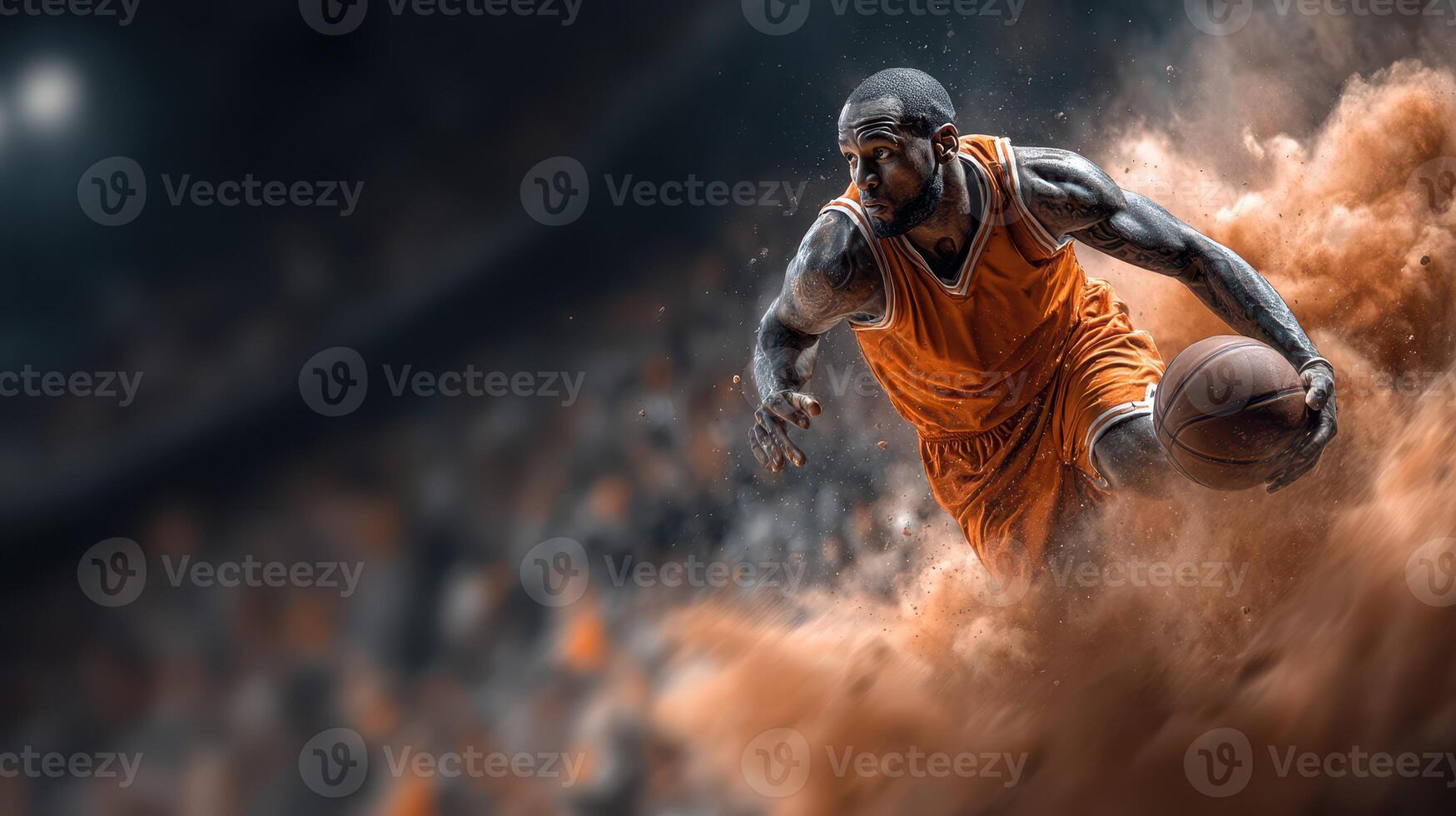 Intense basketball player dribbling through dust in a competitive arena during a dynamic match photo