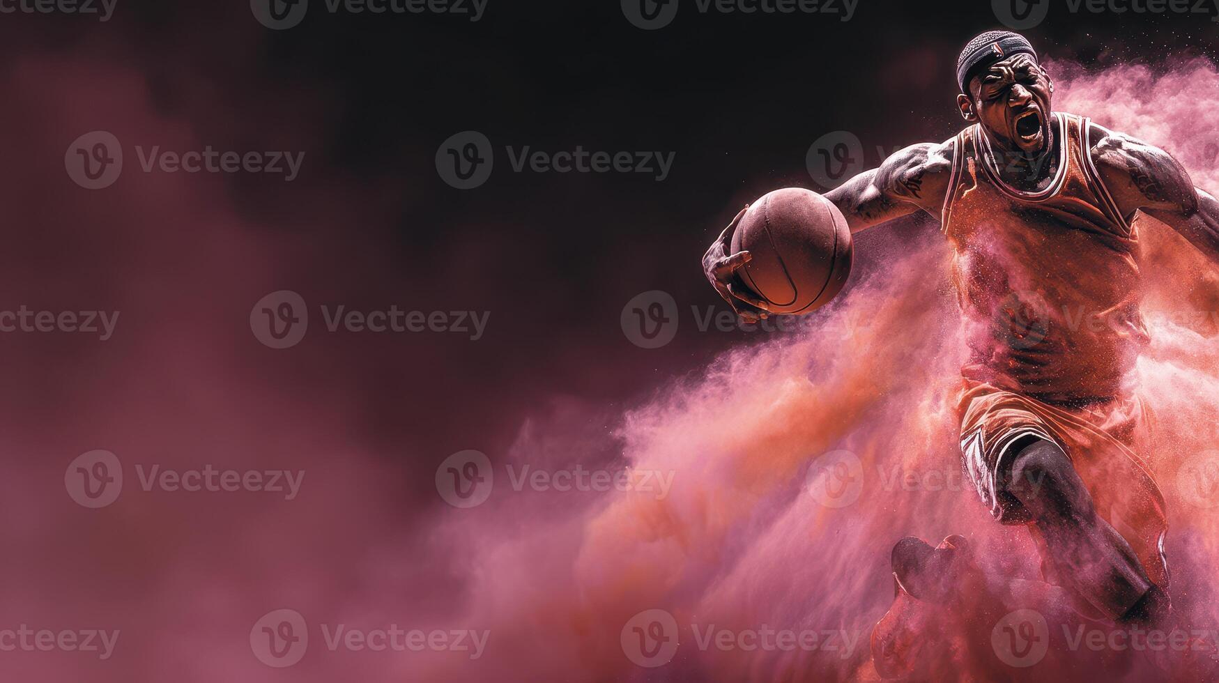 Dynamic basketball player in action amidst colorful smoke during a night game performance photo