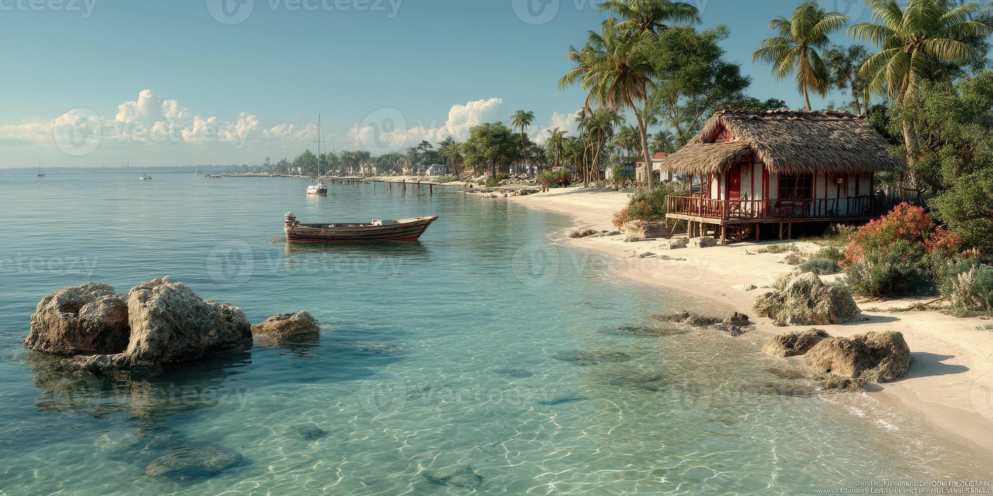 Serene beach with tropical hut and boat on calm water during sunny day photo