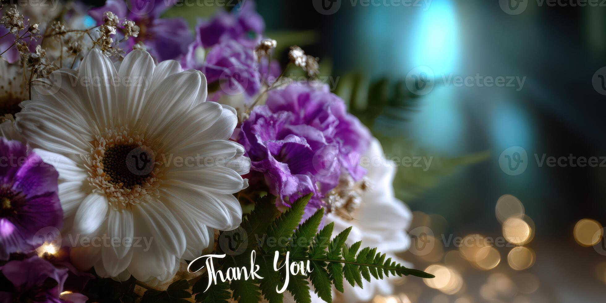 Colorful bouquet of flowers with a thank you message displayed in a soft illuminated background photo